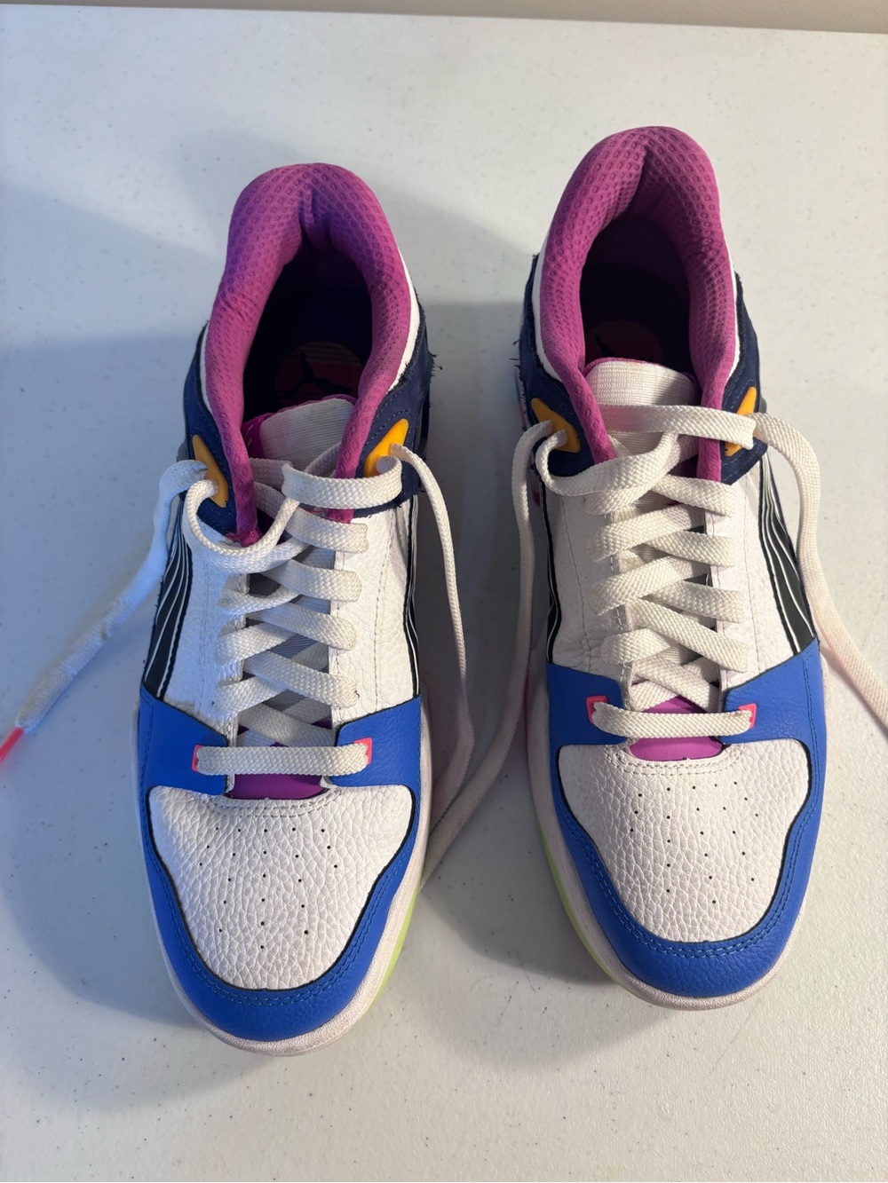 Puma White Sneakers with Blue, Pink and Yellow Accents